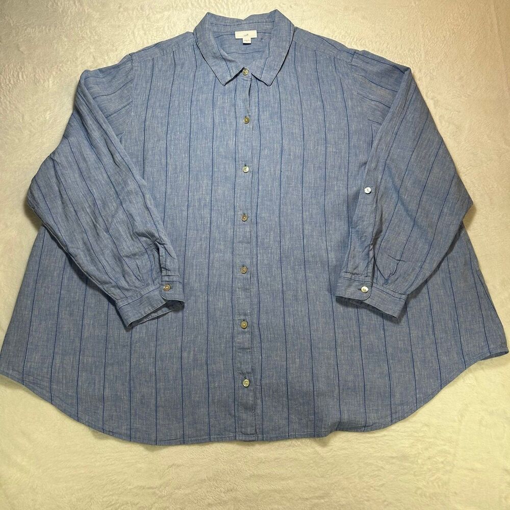 J. Jill Women's 4X Blue Linen Cotton Striped Long Sleeve Button Front Shirt Plus